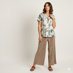 Izuria Womens Botanical Hibiscus Tropical Coastal Safari Blouse 1XL Off White